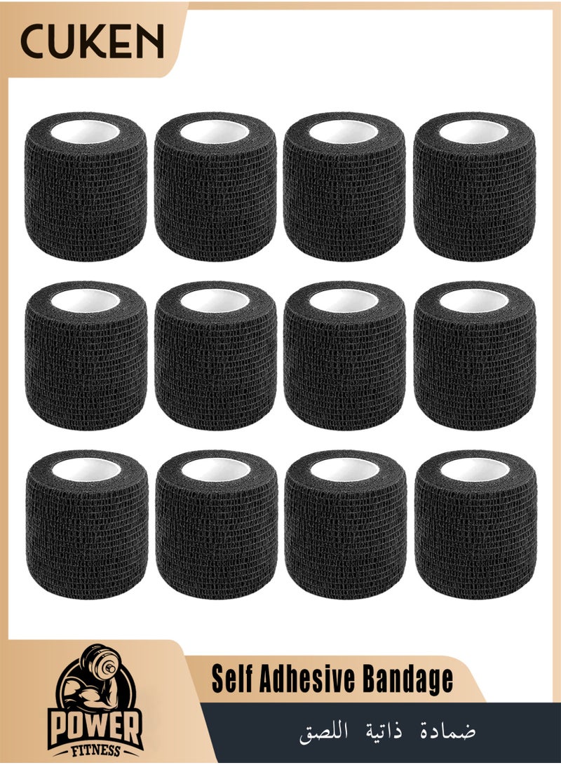 Cuken 12 Pack 2 Inch x 5 Yards Black Self Adhesive Bandage Breathable Cohesive Bandage Wrap Rolls Elastic Self-Adherent Tape for Stretch Athletic, Sports, Wrist, Ankle, Black - Image 1