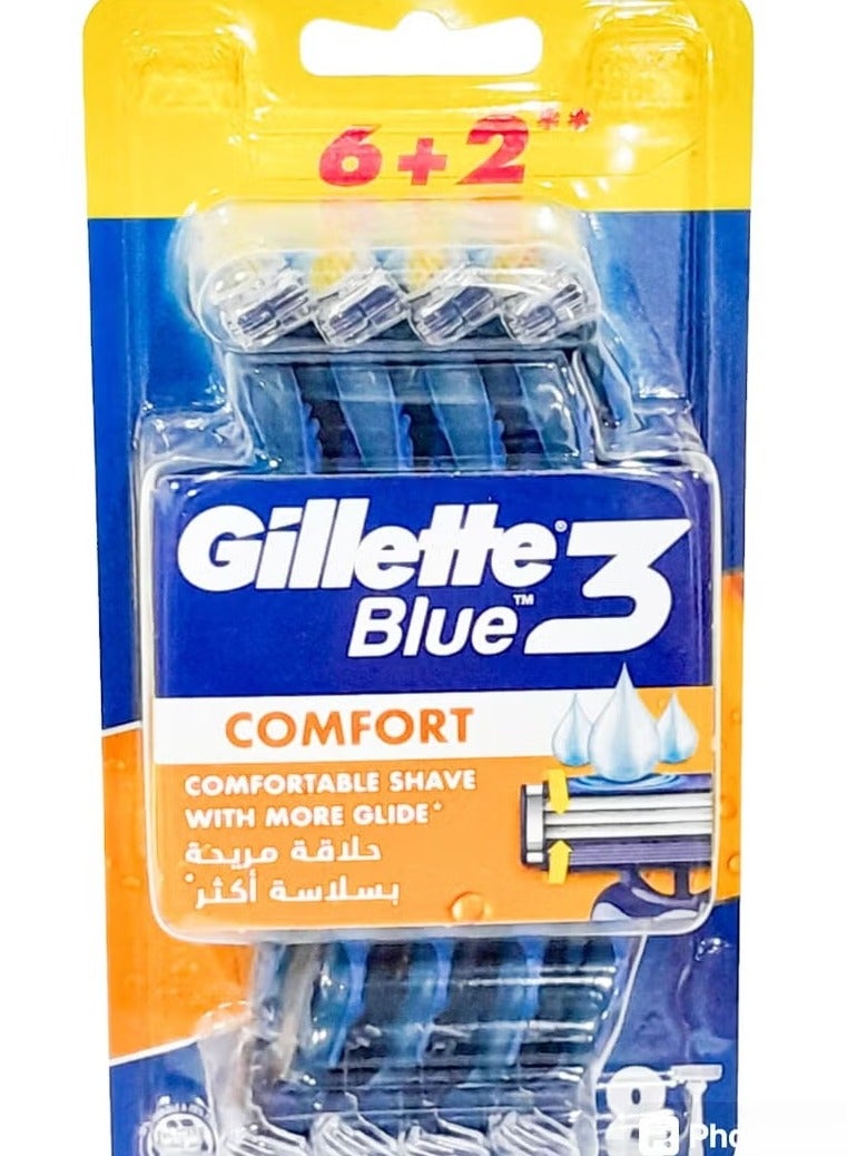 Gillette Blue 3 Disposable Razors with Comfort Gel for Men - 8 Pieces - Image 1