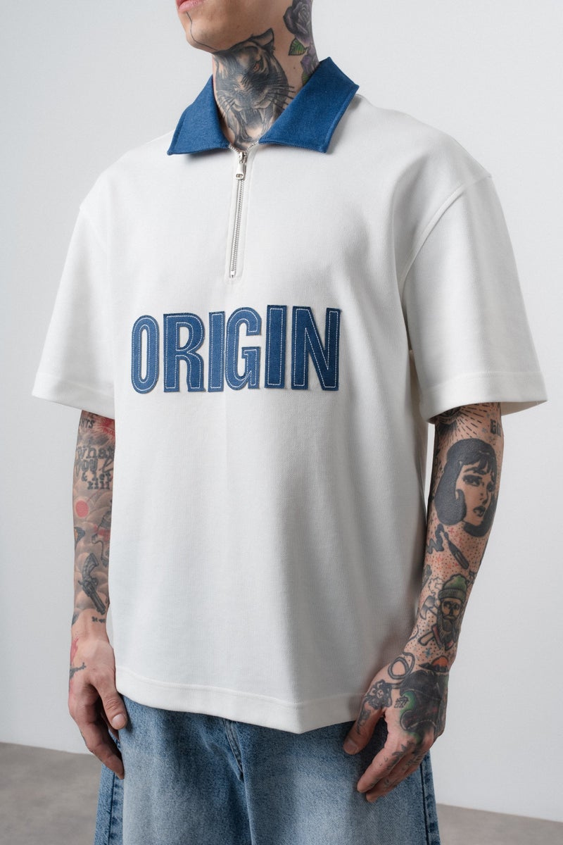 RESPIRE Men's Origin Embroidered Polo Collar Regular Fit T-Shirt, Ecru - Image 4