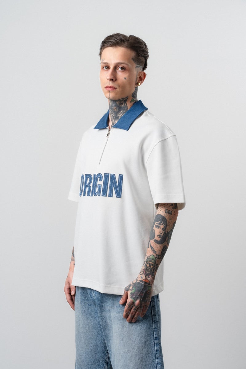 RESPIRE Men's Origin Embroidered Polo Collar Regular Fit T-Shirt, Ecru - Image 2