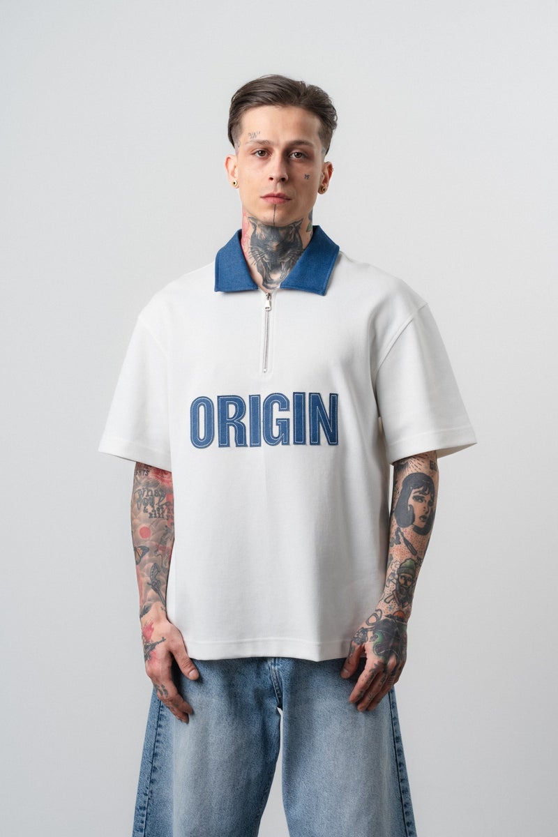 RESPIRE Men's Origin Embroidered Polo Collar Regular Fit T-Shirt, Ecru - Image 1