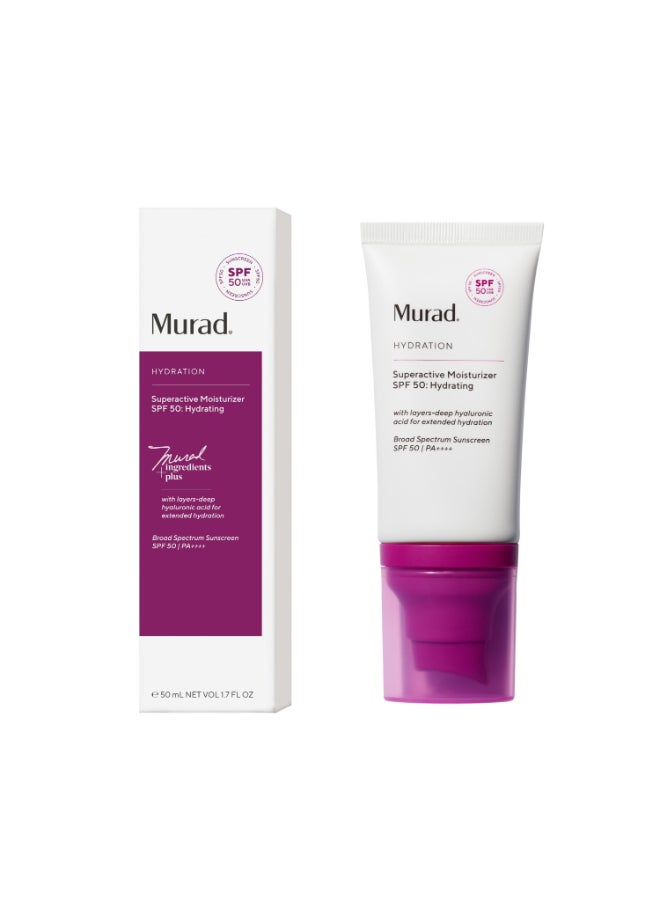 Murad مراد سوبر أكتيف SPF 50 مرطب 50 مل – حماية مكثفة للبشرة الجافة، حمض الهيالورونيك و SPF 50، درع غني بالرطوبة لتخفيف حساسية الأشعة فوق البنفسجية 50 مل - Image 1