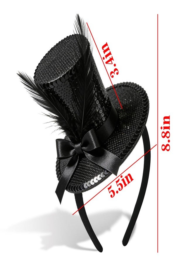 Asikkon Black Sequin Mini Top Hat Headband with Feather Tea Party Fascinator Headpiece for Women Men1920s Gatsby Party Halloween Costume Accessories - Image 2