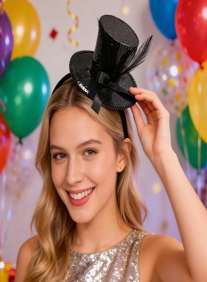 Asikkon Black Sequin Mini Top Hat Headband with Feather Tea Party Fascinator Headpiece for Women Men1920s Gatsby Party Halloween Costume Accessories - Image 5