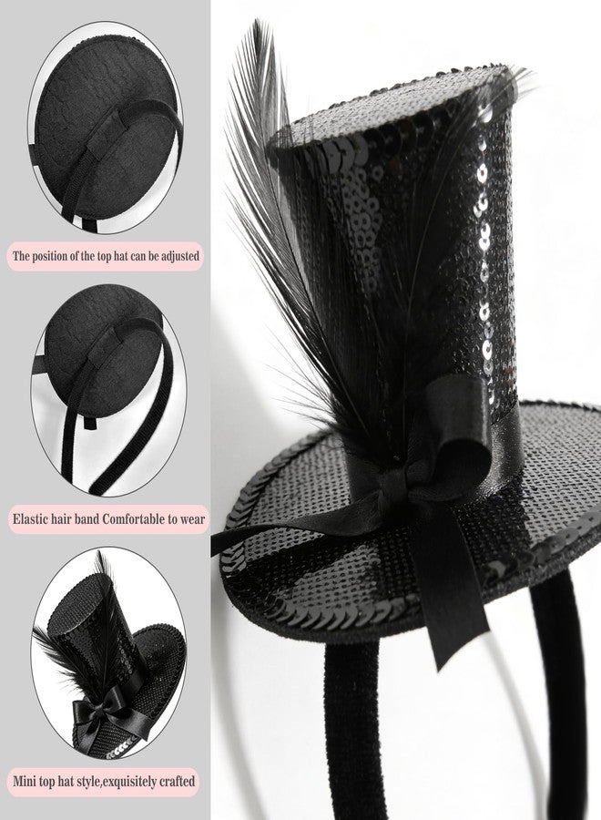 Asikkon Black Sequin Mini Top Hat Headband with Feather Tea Party Fascinator Headpiece for Women Men1920s Gatsby Party Halloween Costume Accessories - Image 3