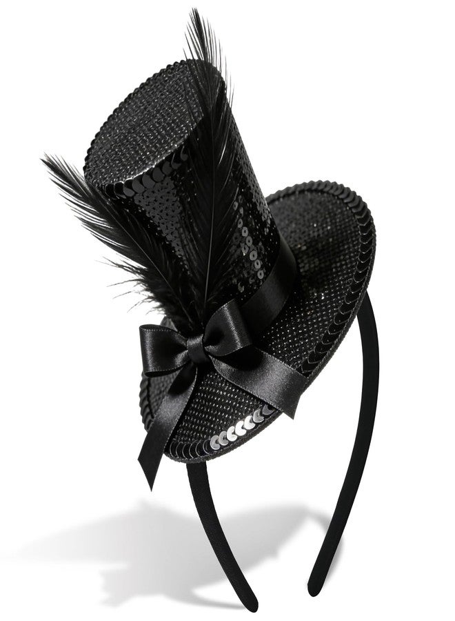 Asikkon Black Sequin Mini Top Hat Headband with Feather Tea Party Fascinator Headpiece for Women Men1920s Gatsby Party Halloween Costume Accessories - Image 1