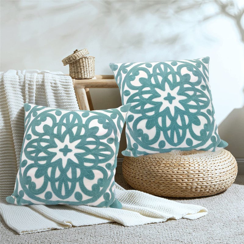 Alysheer Embroidered Decorative Throw Pillow Covers 18"x18" Set of 2 Pieces, Boho Mandala Classic Chic Pattern, Durable 100% Cotton Canvas Cushion Cases for Sofa Couch Living Room(Dusty Aqua Blue) - Image 1