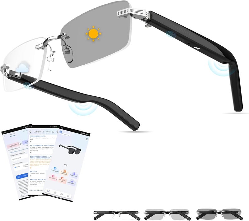 Jacuate AI Smart Bluetooth Glasses for Men and Women with Chat GPT, Translation Glasses with 115 Languages and Rimless Photochromic Lens, Hands-Free Calls, UV Protection Translator Sunglasses for Music, work - Image 1