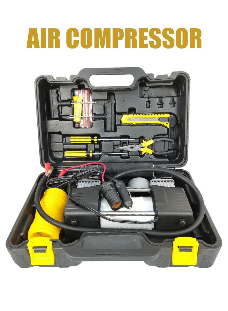 SAFARI Car Air Compressor With Tire Puncture Kit 2 Piston 12V 30A 150PSI 85L/Min Heavy Duty Air Pump Pressure Gauge With Box SF101 - Image 1