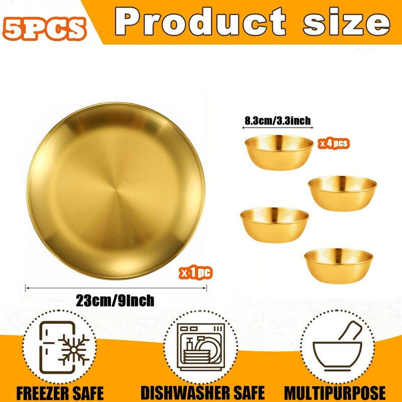 5 Pcs Stainless Steel Golden Sauce Bowl And Dinner Plate Set Mini Individual Dip Bowls Seasoning Dish For Soy Sauce Sushi Condiment Appetizer Serving Kitchen Bbq Party Picnic Wedding - Image 2