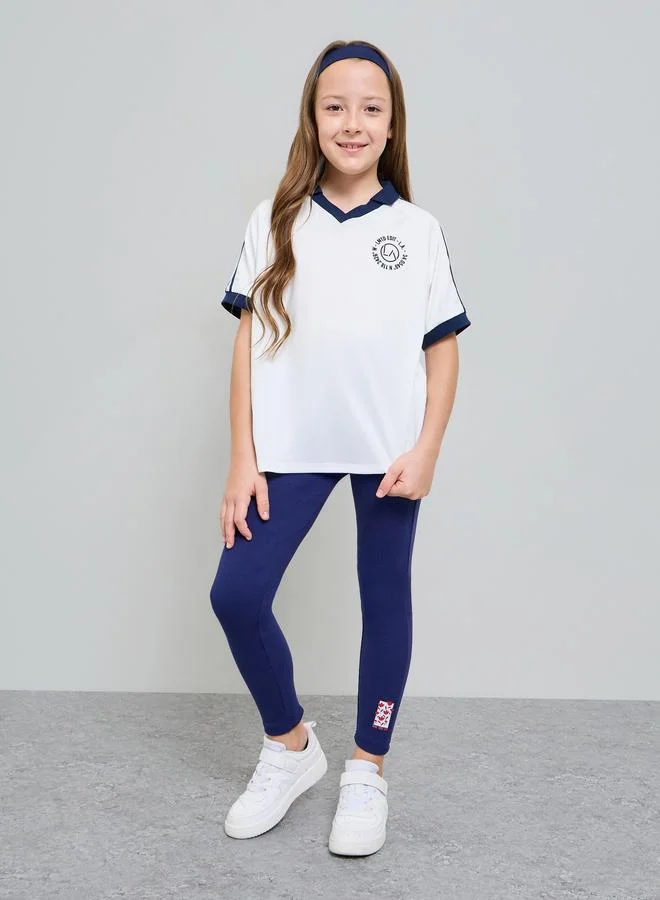 Styli Teen Girls Logo Print Striped Sleeves Collared V-Neck T-Shirt
