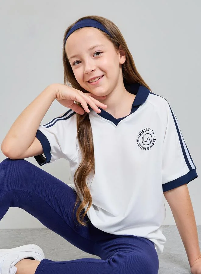 Styli Teen Girls Logo Print Striped Sleeves Collared V-Neck T-Shirt