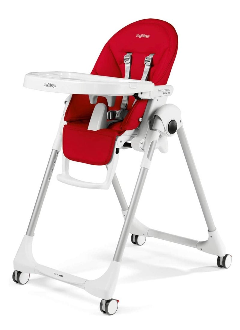 Peg Perego Prima Pappa Follow Me Fragola Compact Folding Highchair For Babies And Toddlers With Comfort Reclining 5 Point Harness Wheels For Easy Movementsuitable From 0 - 36 Months - Red  - Image 1