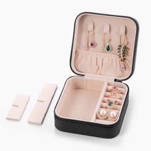 Jig-Tik Faux Leather Mini Jewelry Travel Case,Small Travel Jewelry Organizer,Portable Jewelry Box Travel Mini Storage Organizer Portable (1, JKE1-JewelryBlack) - Image 1