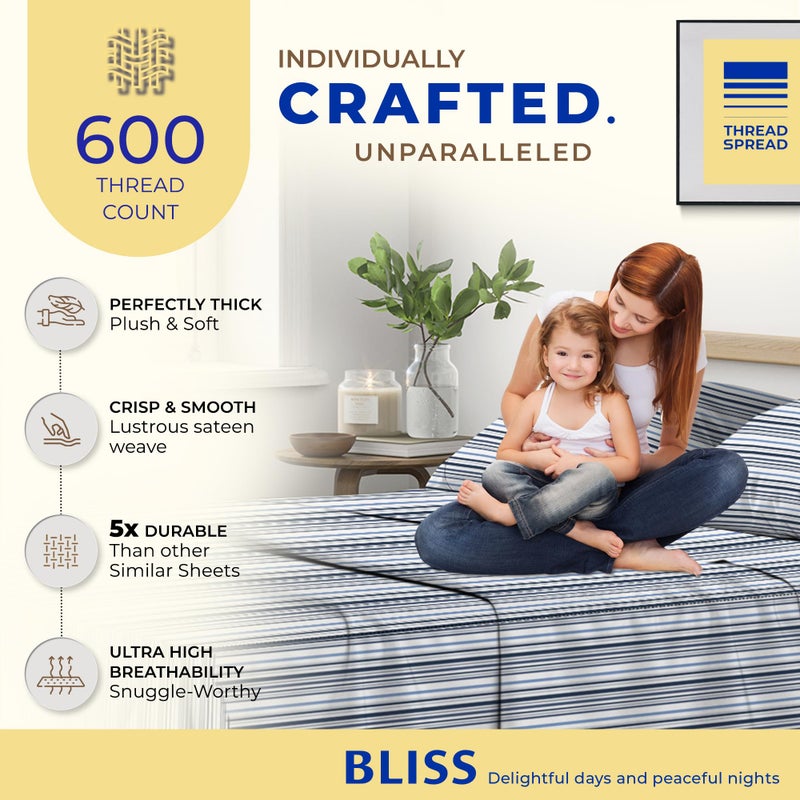 THREAD SPREAD 100% Egyptian Cotton Printed Bed Sheets - 600 Thread Count 4 PC Queen Sheet Set  Hotel Luxury Sateen Bedsheets  16"" Deep Pocket Soft Cooling Sheets for Queen Size Bed - Variegated Stripe - Image 2