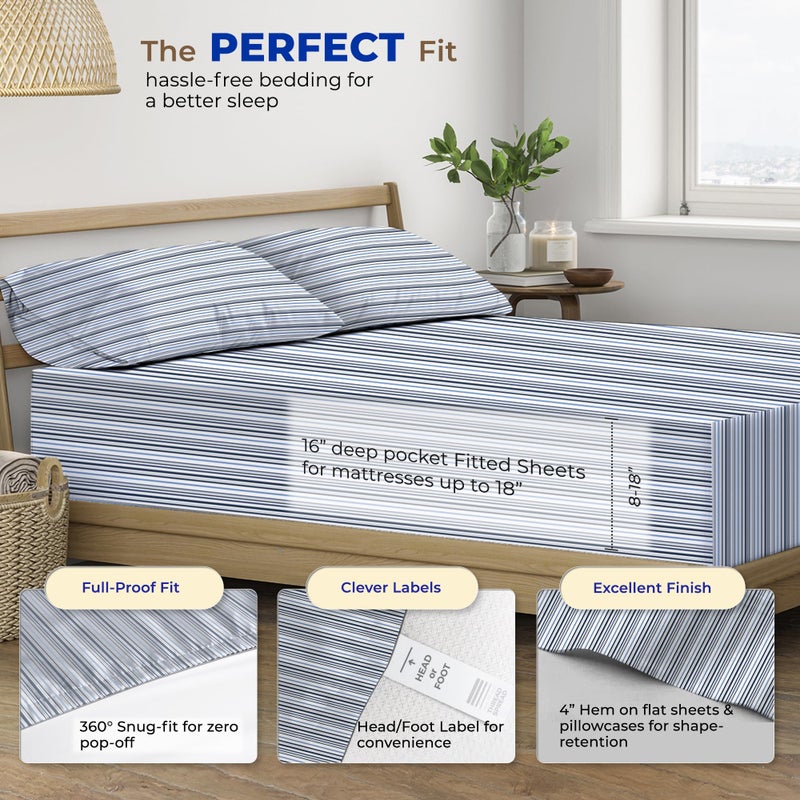 THREAD SPREAD 100% Egyptian Cotton Printed Bed Sheets - 600 Thread Count 4 PC Queen Sheet Set  Hotel Luxury Sateen Bedsheets  16"" Deep Pocket Soft Cooling Sheets for Queen Size Bed - Variegated Stripe - Image 4