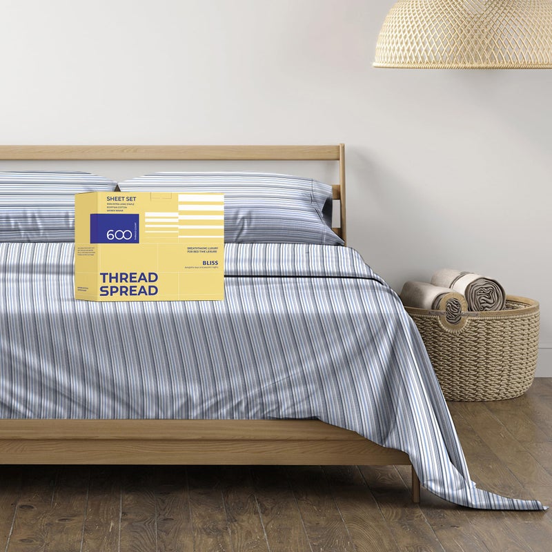 THREAD SPREAD 100% Egyptian Cotton Printed Bed Sheets - 600 Thread Count 4 PC Queen Sheet Set  Hotel Luxury Sateen Bedsheets  16"" Deep Pocket Soft Cooling Sheets for Queen Size Bed - Variegated Stripe - Image 1