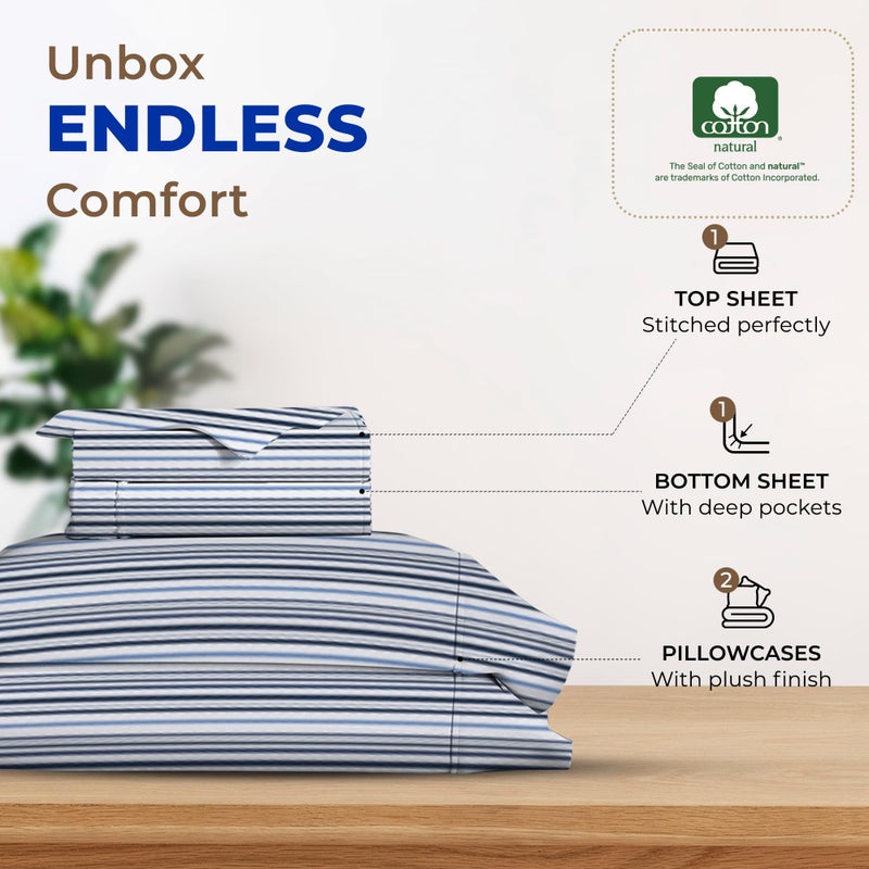 THREAD SPREAD 100% Egyptian Cotton Printed Bed Sheets - 600 Thread Count 4 PC Queen Sheet Set  Hotel Luxury Sateen Bedsheets  16"" Deep Pocket Soft Cooling Sheets for Queen Size Bed - Variegated Stripe - Image 3