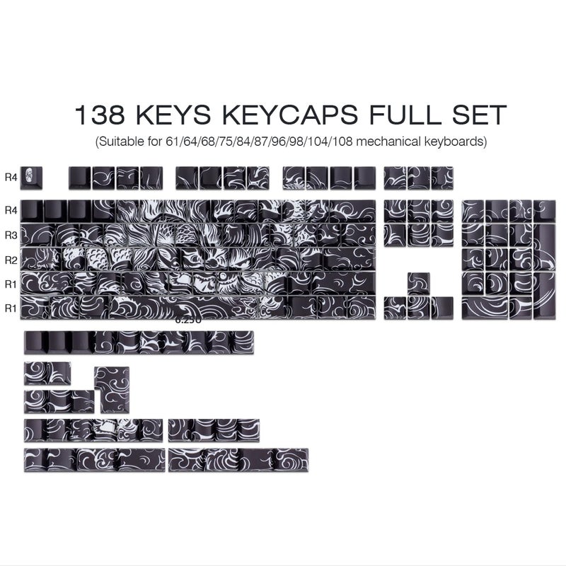 Tsungup Shine Through PBT Keycaps,138 Keys Custom Cool Dragon Pattern Side Printed Keycaps,Cherry Profile Key Caps Keyboard Keycap Set for 60% 65% 75% 80% 100% MX Switches Mechanical Keyboard(Black) - Image 2