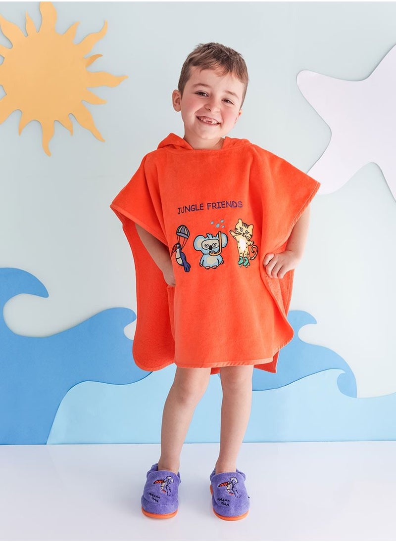 Milk & Moo Milk&Moo Kids Poncho, %100 Cotton, Hooded Beach Towels for Kids, Open Sided, Ultra Soft and Absorbent, Jungle Friends Embroidery, One Size, 22.5x24 inch (57x61 cm), Orange  - Image 1
