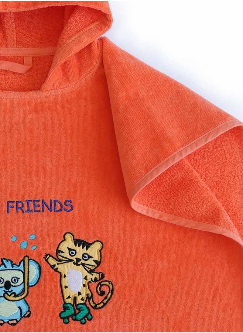 Milk & Moo Milk&Moo Kids Poncho, %100 Cotton, Hooded Beach Towels for Kids, Open Sided, Ultra Soft and Absorbent, Jungle Friends Embroidery, One Size, 22.5x24 inch (57x61 cm), Orange  - Image 3