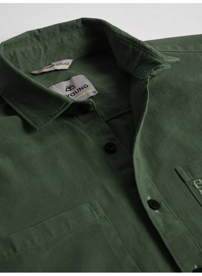 بيونغ Dark Green Cotton Urban Shirt for Men