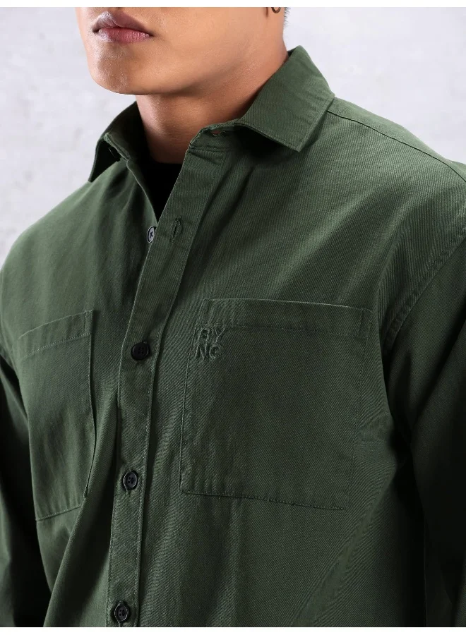 بيونغ Dark Green Cotton Urban Shirt for Men