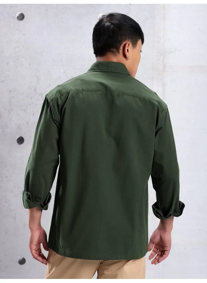 Beyoung Dark Green Cotton Urban Shirt for Men