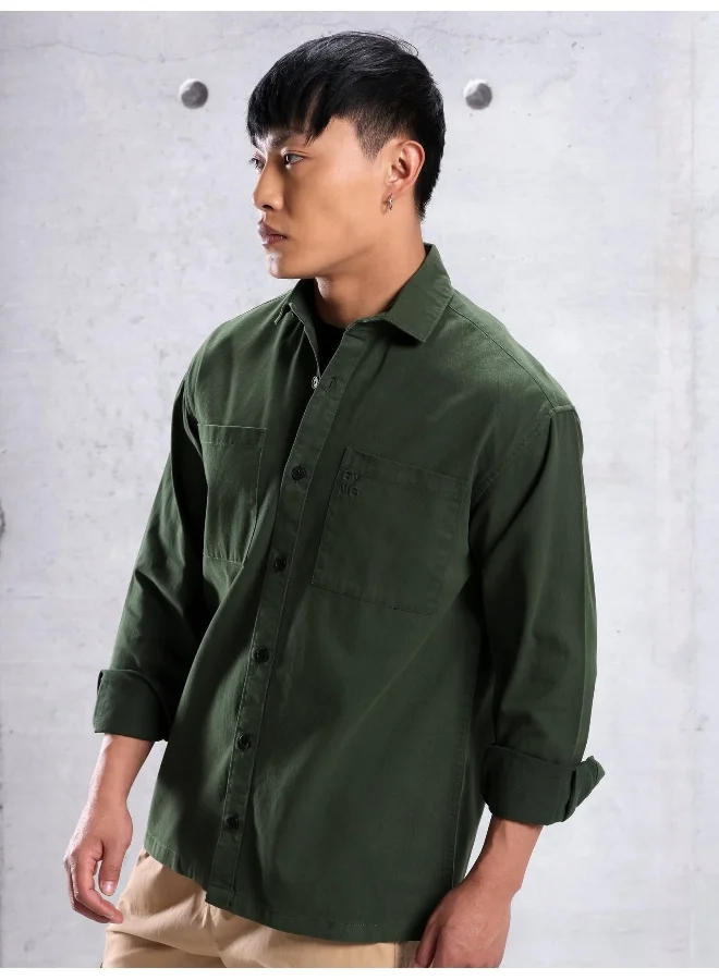 بيونغ Dark Green Cotton Urban Shirt for Men