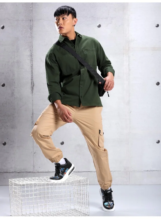بيونغ Dark Green Cotton Urban Shirt for Men