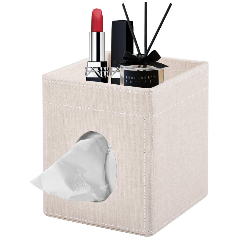 XNONE Tissue Box Cover with Storage Tray Square Tissue Box Holder PU Leather Facial Tissues Organizer Tray for Bathroom Vanity Bedroom Office Car,Stylish Napkin Caddy Decorative Organizer,Beige - Image 1