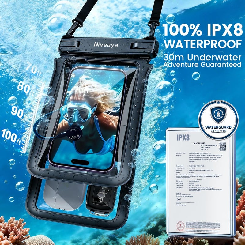 Niveaya Double Space Waterproof Phone Pouch (2-Pack) - IPX8 Phone Case Dry Bag for Beach, Kayak, Cruise Travel Essentials - Compatible with iPhone 17/16/15/14 Pro Max Galaxy S25/S24 Ultra (up to 8.3") - Image 2