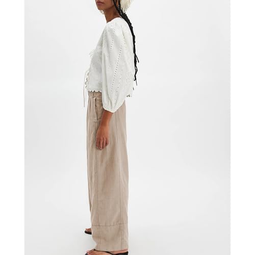 Songling Wide Leg Linen Pants for Women Summer Cotton Casual Palazzo Pant Boho Flowy Beach Pants with Pockets(Khaki,S) - Image 3