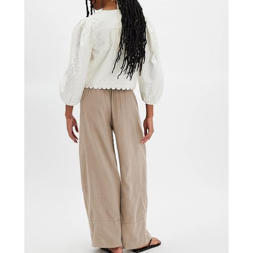 Songling Wide Leg Linen Pants for Women Summer Cotton Casual Palazzo Pant Boho Flowy Beach Pants with Pockets(Khaki,S) - Image 4