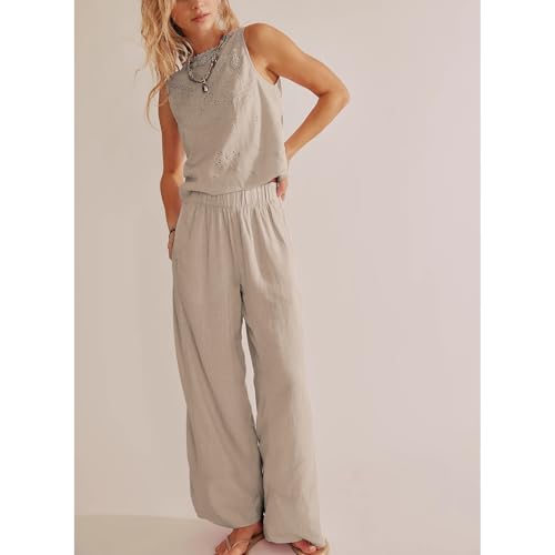 Songling Wide Leg Linen Pants for Women Summer Cotton Casual Palazzo Pant Boho Flowy Beach Pants with Pockets(Khaki,S) - Image 5