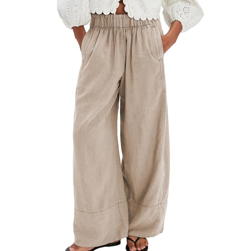 Songling Wide Leg Linen Pants for Women Summer Cotton Casual Palazzo Pant Boho Flowy Beach Pants with Pockets(Khaki,S) - Image 1
