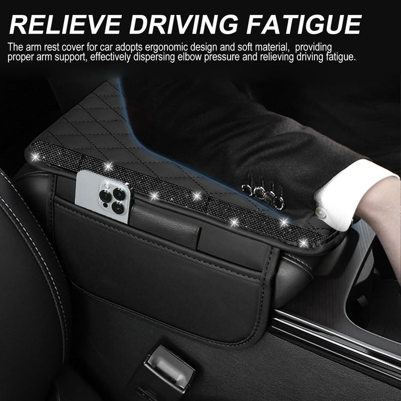 NBTEPEM Bling Car Center Console Cover, Leather Car Arm Rest Cover Cushion with 2 Storage Bags, Universal Automotive Armrest Protector Storage Box, Bling Accessories Interior for Most Vehicles (Black) - Image 4