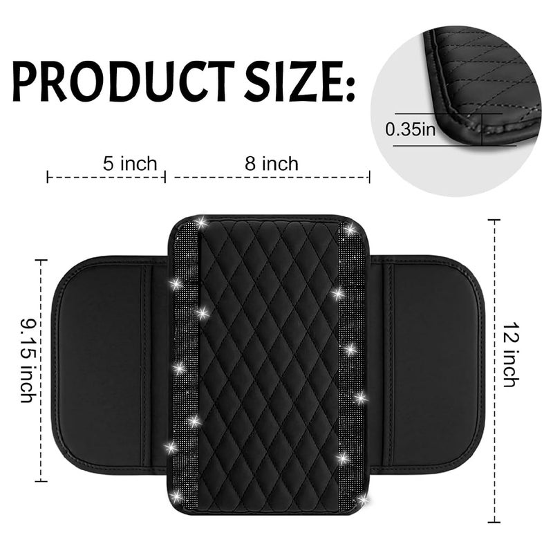 NBTEPEM Bling Car Center Console Cover, Leather Car Arm Rest Cover Cushion with 2 Storage Bags, Universal Automotive Armrest Protector Storage Box, Bling Accessories Interior for Most Vehicles (Black) - Image 2