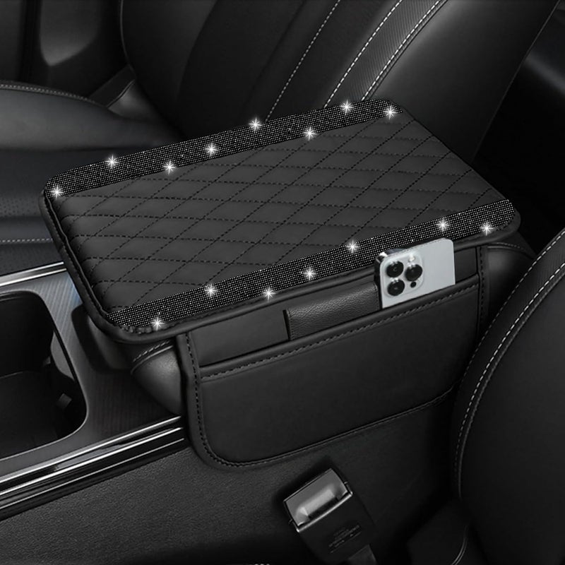 NBTEPEM Bling Car Center Console Cover, Leather Car Arm Rest Cover Cushion with 2 Storage Bags, Universal Automotive Armrest Protector Storage Box, Bling Accessories Interior for Most Vehicles (Black) - Image 1