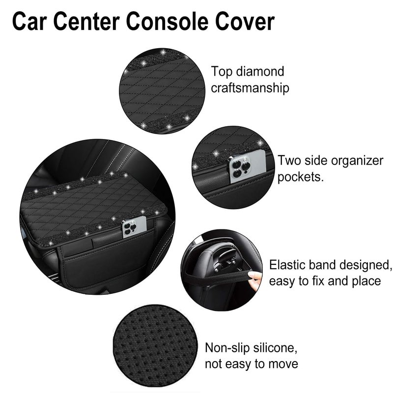 NBTEPEM Bling Car Center Console Cover, Leather Car Arm Rest Cover Cushion with 2 Storage Bags, Universal Automotive Armrest Protector Storage Box, Bling Accessories Interior for Most Vehicles (Black) - Image 3