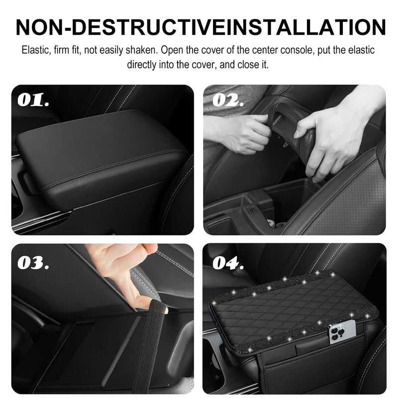 NBTEPEM Bling Car Center Console Cover, Leather Car Arm Rest Cover Cushion with 2 Storage Bags, Universal Automotive Armrest Protector Storage Box, Bling Accessories Interior for Most Vehicles (Black) - Image 5