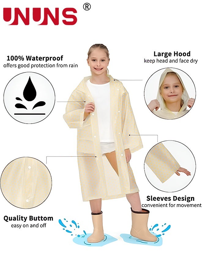 UNUNS Kids Raincoat,2 Pcs Kids Waterproof Thick Rain Ponchos For Kids,Reusable Emergency Rain Coats For Boys Girls,Kids Snow Rainwear Jacket with Hood and Drawstring,Portable EVA Rain Jacket,Pale Yellow - Image 2