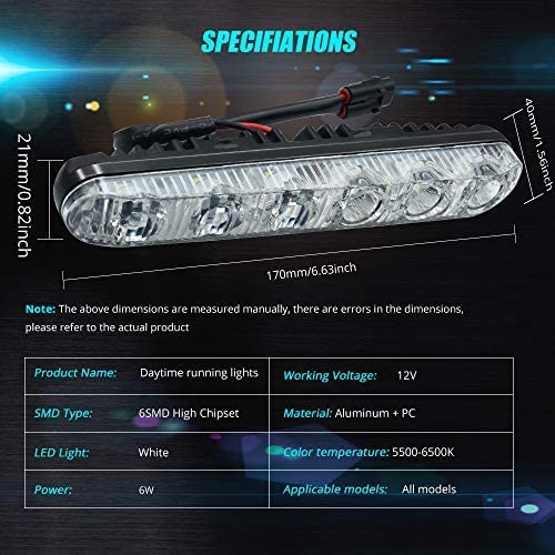 YEERON Universal Daytime Running Lights 6 LEDs High/Low Beam LED DRL Kit Waterproof 6000K Spot Fog Lamp Fit for Car SUV TRUCK. Xenon White.2-Pack. - Image 3
