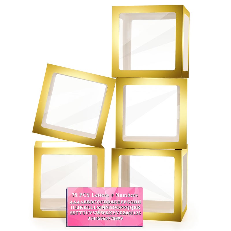 Lovelite Baby Boxes with Letters for Baby Shower 5 Clear Balloon Boxes with 78 Letters Numbers Name Blocks for Bridal Shower Gender Reveal Decorations Birthday Wedding Party Grad Backdrop Gold - Image 2