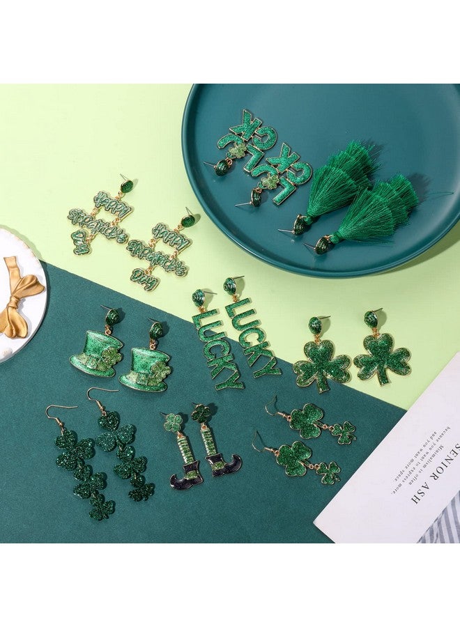 سيالكسهيني طقم أقراط عيد القديس باتريك، أقراط من نبات الشامروك الأخضر للنساء، أقراط أيرلندية مزينة بحرف الحظ، أقراط متعددة الطبقات، إكسسوارات عيد القديس باتريك، هدايا مجوهرات للعطلات (9 أزواج) - Image 2