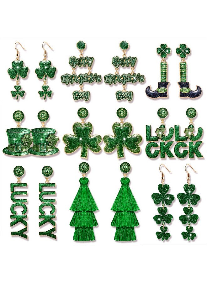 سيالكسهيني طقم أقراط عيد القديس باتريك، أقراط من نبات الشامروك الأخضر للنساء، أقراط أيرلندية مزينة بحرف الحظ، أقراط متعددة الطبقات، إكسسوارات عيد القديس باتريك، هدايا مجوهرات للعطلات (9 أزواج) - Image 1
