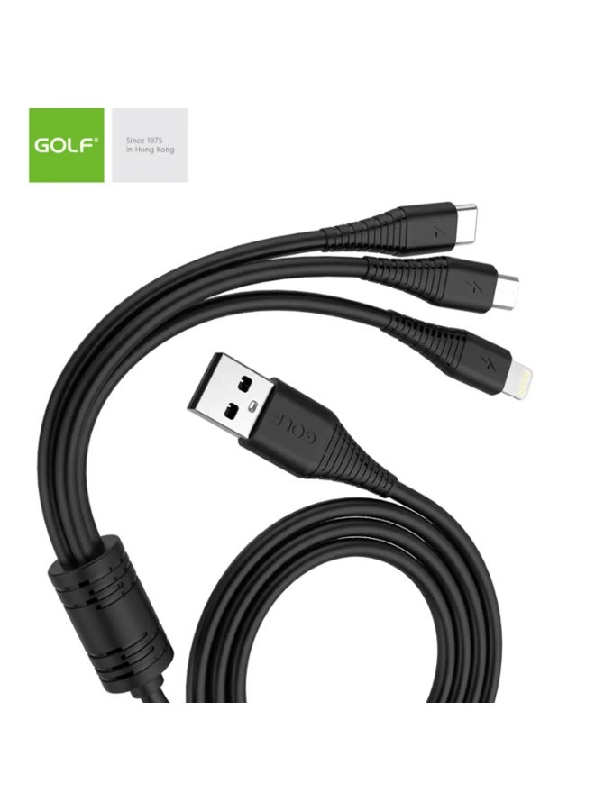 GOLF SPACE Golf GC-65 3-in-1 USB Charging Cable with USB-C, Lightning, and Micro-USB Connectors, Black - Image 1