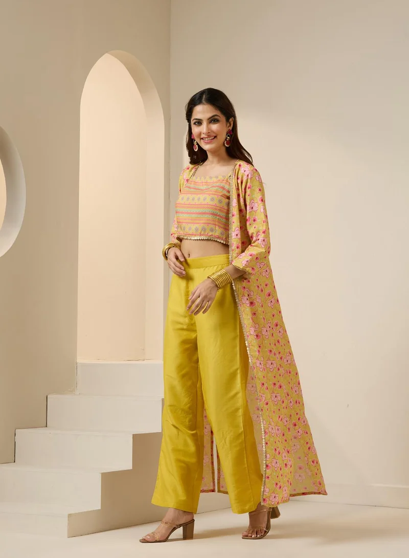 آي شين Women's Yellow Polyester Blend Embellished Cropped Full Length Palazzo Straight Fit Co-Ords