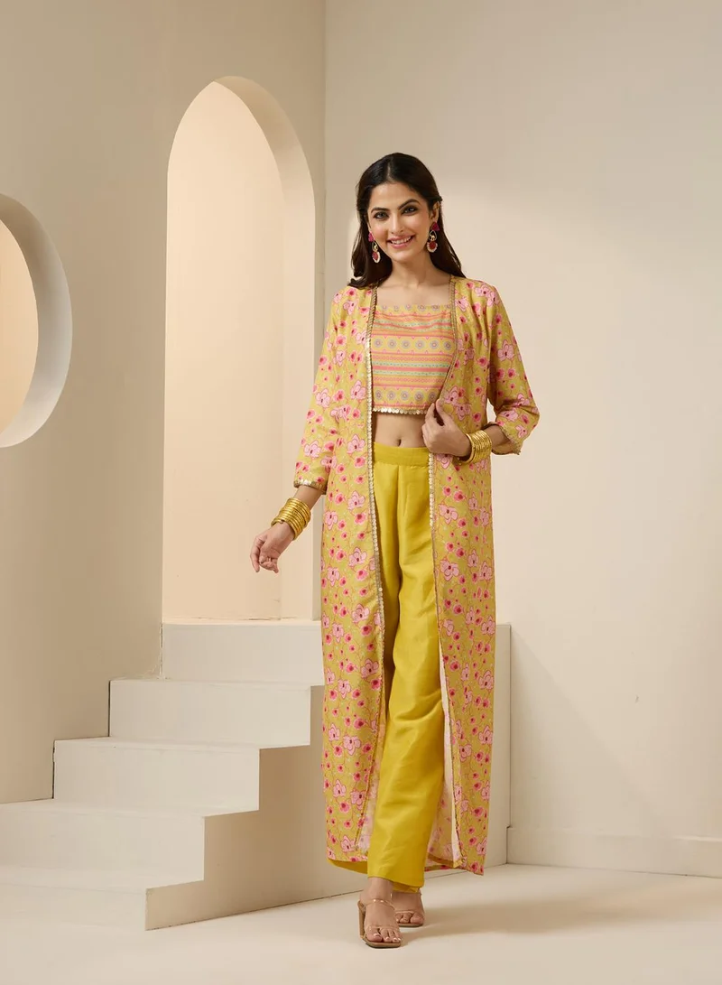 آي شين Women's Yellow Polyester Blend Embellished Cropped Full Length Palazzo Straight Fit Co-Ords