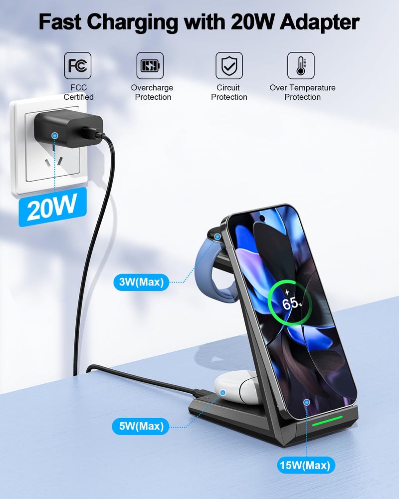 NANAMI Wireless Charger for Google - 3 in 1 Wireless Charging Station Fast Charger Stand Dock for Pixel 9/9 Pro XL/Fold/8/7,Buds Pro 2/Pro, Watch 3/2,Fitbit Versa 4/Sense 2(Not for Pixel Watch 1/4) - Image 3